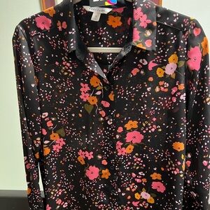 POPSUGAR Black and Pink Floral Long Sleeves Hi/Low Blouse Size Small #222DO